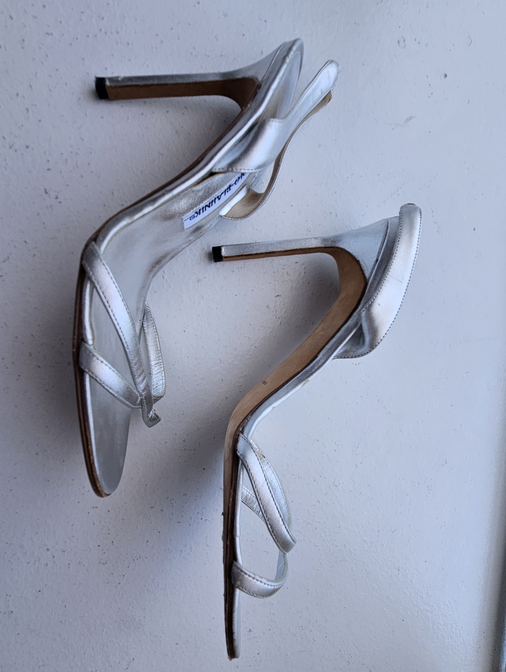 Manolo Blahnik Silver Metallic Strappy Slingback Heels Size 38 3.5" Heel